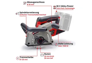 Mauernutfräse TP-MA 36/30 Li BL - Solo, mit 2 Diamant Trennscheiben und Tragetasche, ohne Akku und Ladegerät de Einhell, Rouge – image du produit 4 sur 5