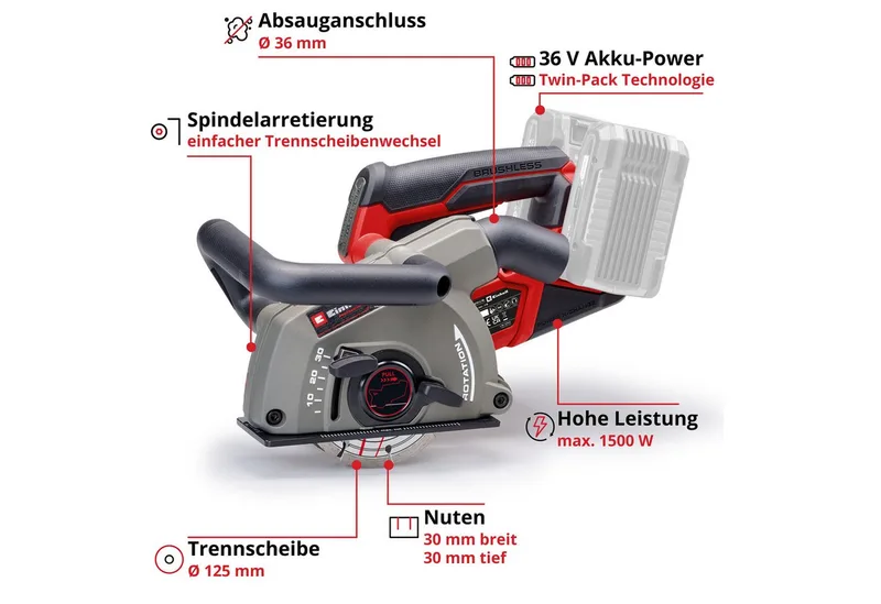 Mauernutfräse TP-MA 36/30 Li BL - Solo, mit 2 Diamant Trennscheiben und Tragetasche, ohne Akku und Ladegerät de Einhell, Rouge – image du produit 4 sur 5