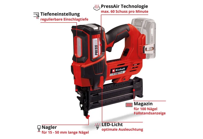 Nagler FIXETTO 18/50 N, ohne Akku und Ladegerät van Einhell, Rood – productafbeelding 3 van 5