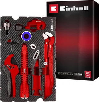 Pad sanitaire installatieset (8-delig, inclusief pijpsnijder, wastafelsleutel, tang, plaatpons, schakelkastsleutel, isolatietape en E-Case systeem). de Einhell, Rouge, Noir – image du produit 1 sur 2