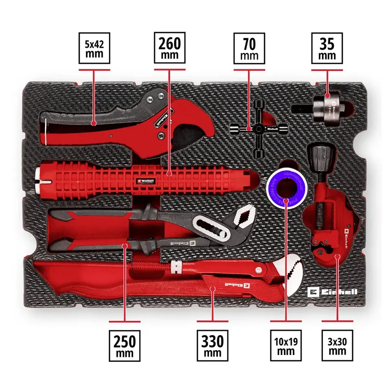 Pad sanitaire installatieset (8-delig, inclusief pijpsnijder, wastafelsleutel, tang, plaatpons, schakelkastsleutel, isolatietape en E-Case systeem). de Einhell, Rouge, Noir – image du produit 2 sur 2