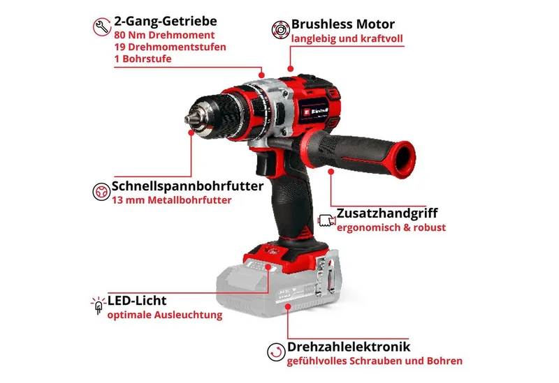 Professional Accu Boor-/Schroefmachine TP-CD 18/80 Li BL Solo - Power X-Change - 18 V/Li-ion - 80 Nm - 0-500/0-1.800 t/min - 13 mm snelspanboorkop - Koolborstelloze motor - Excl. accu en lader van Einhell – productafbeelding 3 van 5