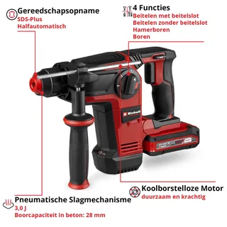 Professional Accu Boorhamer TP-HD 18/28 Li BL+4 Kit - Power X-Change - 18 V/Li-ion - 3 J - Pneumatisch slagwerk - SDS plus - 4-functies - Incl. 3.0 Ah accu, lader, E-box en 4 beitels de Einhell – image du produit 3 sur 8