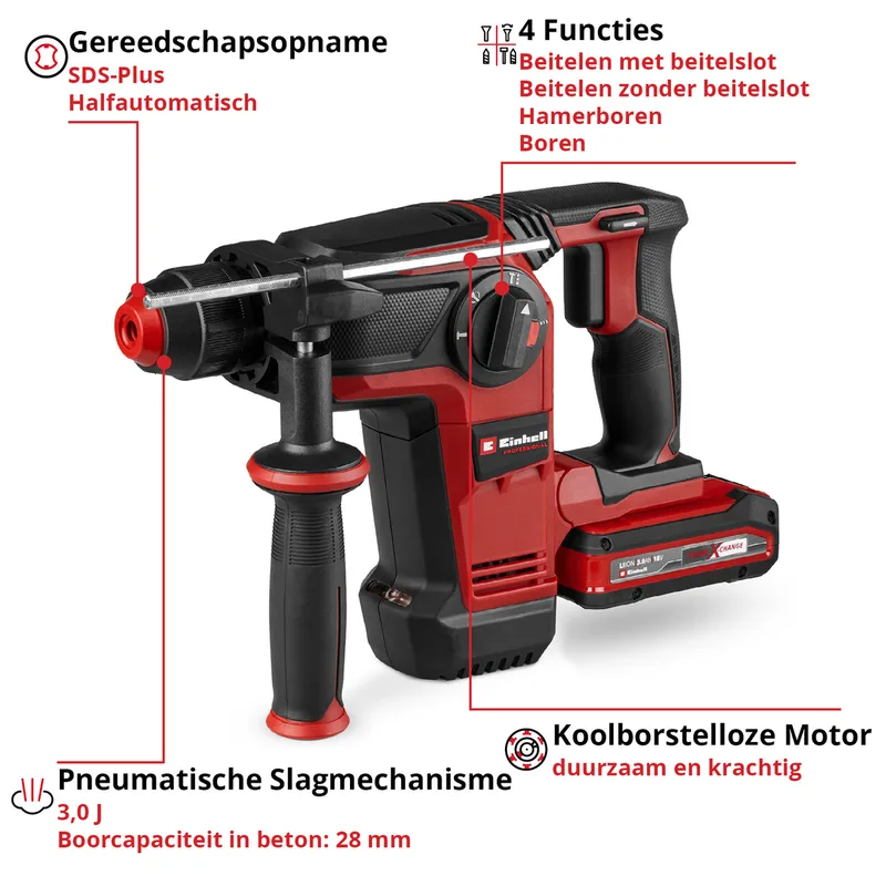 Professional Accu Boorhamer TP-HD 18/28 Li BL+4 Kit - Power X-Change - 18 V/Li-ion - 3 J - Pneumatisch slagwerk - SDS plus - 4-functies - Incl. 3.0 Ah accu, lader, E-box en 4 beitels de Einhell – image du produit 3 sur 8