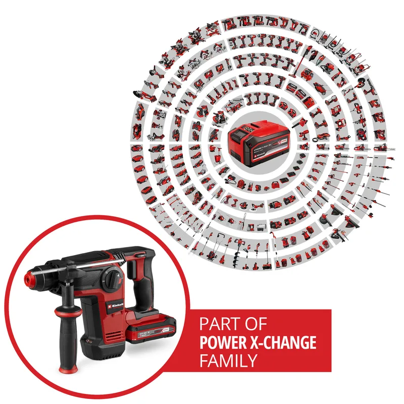 Professional Accu Boorhamer TP-HD 18/28 Li BL+4 Kit - Power X-Change - 18 V/Li-ion - 3 J - Pneumatisch slagwerk - SDS plus - 4-functies - Incl. 3.0 Ah accu, lader, E-box en 4 beitels de Einhell – image du produit 2 sur 8