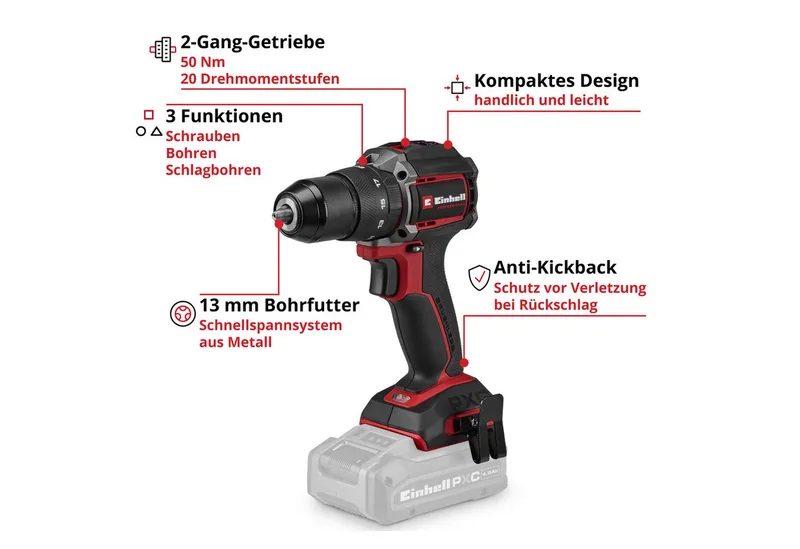 Professional Accu Klopboor-/ Schroefmachine TP-CD 18/50-C Li-i BL Solo - Power X-Change - 18 V/Li-ion - Compact model - 50 Nm - Koolborstelloze motor - Excl. accu en lader van Einhell – productafbeelding 3 van 4