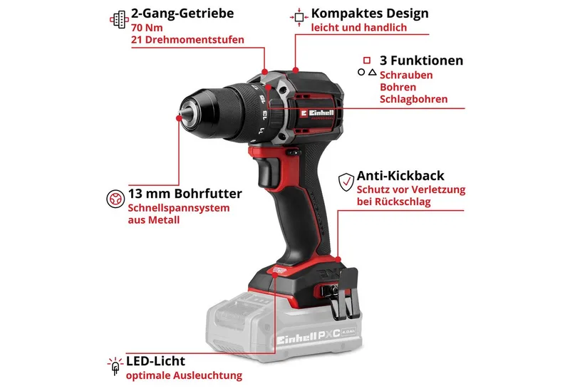 Professional Accu Klopboor-/ Schroefmachine TP-CD 18/70-C Li-i BL Solo - Power X-Change - 18 V/Li-ion - Compact model - 70 Nm - Koolborstelloze motor - Excl. accu en lader by Einhell – product image 3 of 4