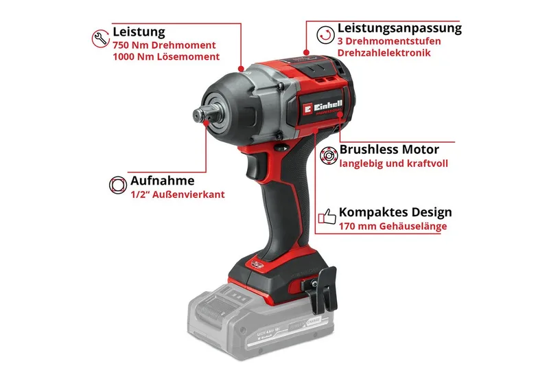 Professional Accu Slagschroefmachine TP-CW 18/750-C Li BL Solo - Power X-Change - 18 V/Li-ion - Extra compact design - 0-2200 t/min - Max. koppel 750 Nm - Excl. accu en lader by Einhell – product image 2 of 4