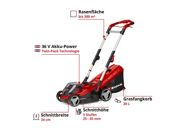RASARRO 36/34 (2x3,0Ah) Power X-Change Grasmaaier Accu In hoogte verstelbare greep met klapfunctie, Incl. 2 acc fra Einhell – produktbillede 3 af 5
