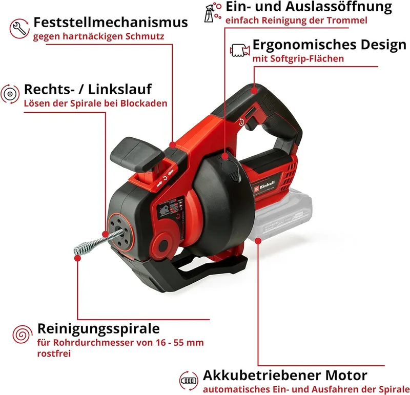 Rohrreinigungsspirale Rohrreiniger TE-DA 18/760 Li 18V, 7,6 m Spirale Akku 2,5 Ah, Ladegerät van Einhell – productafbeelding 3 van 5