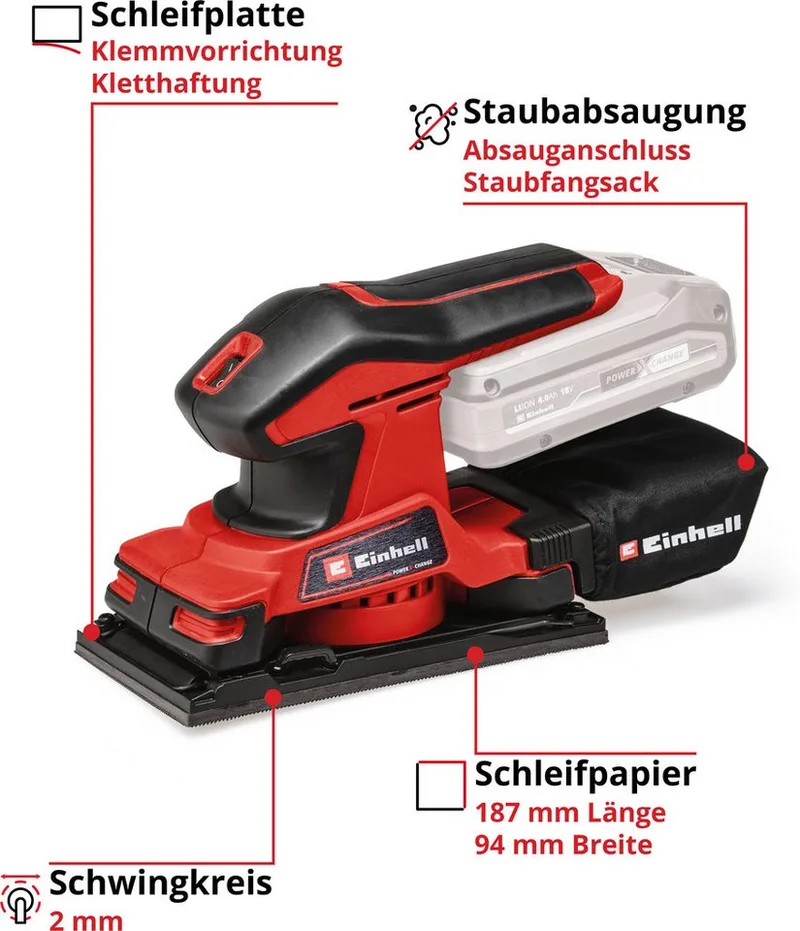 Schwingschleifer Akku-Schwingschleifer TC-OS 18/187 Li Solo, 24000 U/min, (2 tlg), ohne Akku und Ladegerät by Einhell, Red, Black – product image 3 of 5