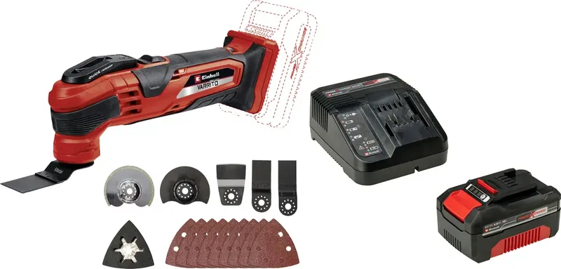 Set bestehend aus Einhell PXC Akku-Multifunktionswerkzeug Power X-Change VARRITO und Einhell Power X-Change Start-Kit 18V 4Ah van Einhell – productafbeelding