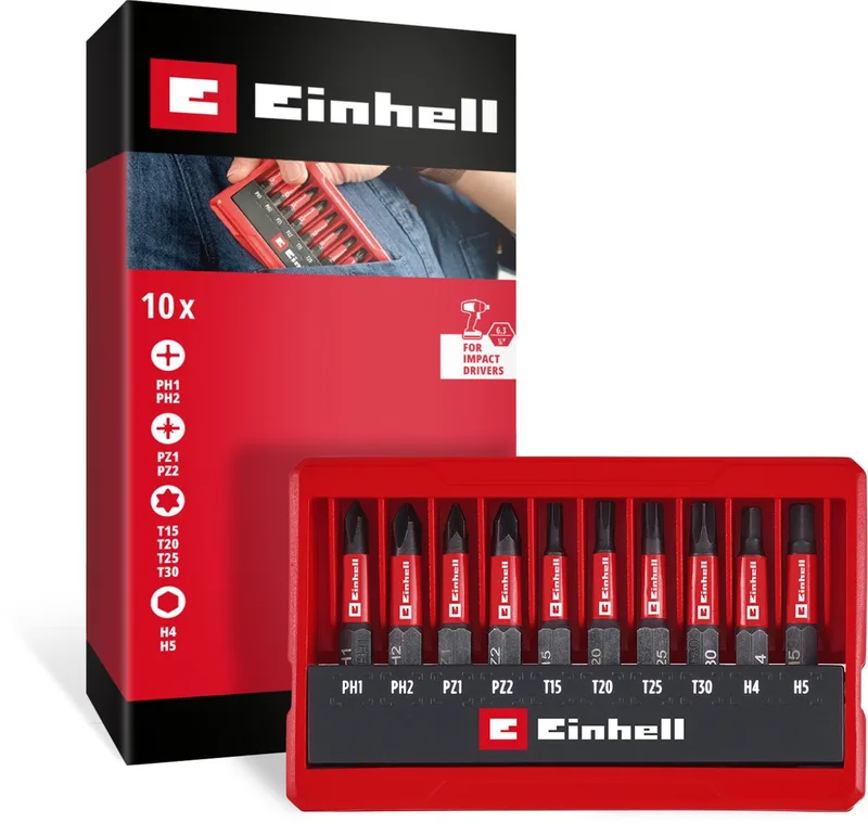 slagbitset 10-delig (50 mm bits PH/PZ/T/H, S2 staal, E 6.3 schacht, zakkoffer met standaardfunctie) by Einhell – product image