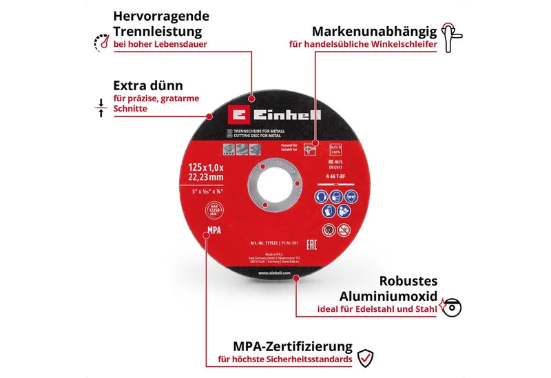 Trennscheiben Original Einhell 5-tlg. Dünntrennscheiben-Set für Metall, Ø 125 mm (1, (5-tlg), Original Einhell 5-tlg. Dünntrennscheiben-Set für Metall, Ø 125 mm (1 by Einhell – product image 2 of 2