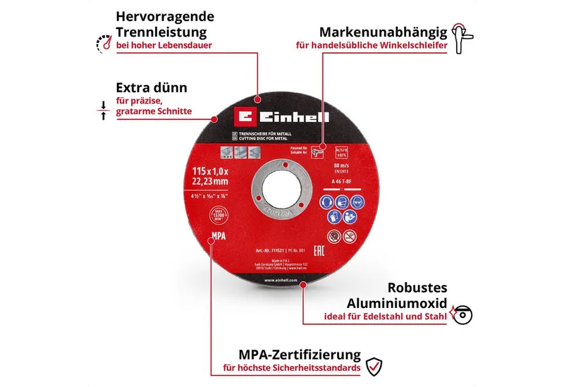Trennscheiben Original Einhell 5-tlg. Dünntrennscheiben-Set für Metall, Ø 115 mm (1, (5-tlg), Original Einhell 5-tlg. Dünntrennscheiben-Set für Metall, Ø 115 mm (1 by Einhell – product image 2 of 2