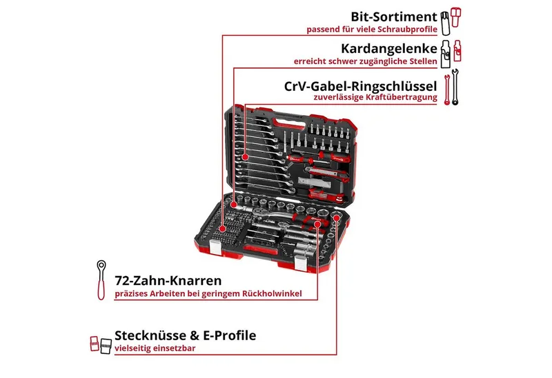 Werkzeugset, (233-tlg), Einhell Werkzeugkoffer 233-tlg. (Umschaltknarren, Gabel-Ringschlüssel von Einhell, Schwarz – Produktbild 4 von 5