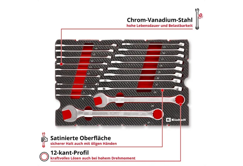 Werkzeugset Original Einhell Pad Gabelringschlüssel 19-tlg. (12-Kant-Profil, Chrom, (19-tlg), Original Einhell Pad Gabelringschlüssel 19-tlg. (12-Kant-Profil, Chrom by Einhell, Black – product image 4 of 5