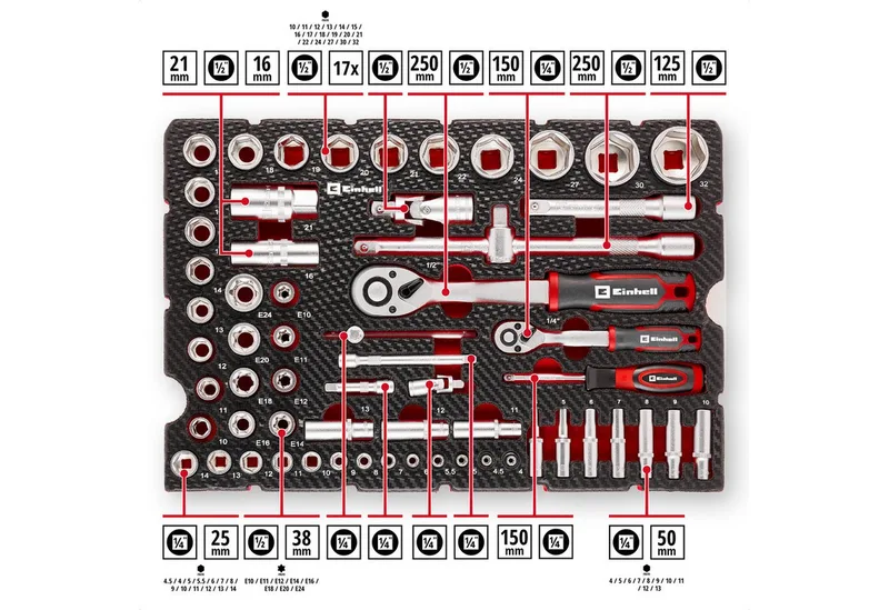 Werkzeugset Original Einhell Pad Stecknüsse und Ratschen 60-tlg. (Umschaltknarren, (60-tlg), Original Einhell Pad Stecknüsse und Ratschen 60-tlg. (Umschaltknarren by Einhell, Black – product image 3 of 5