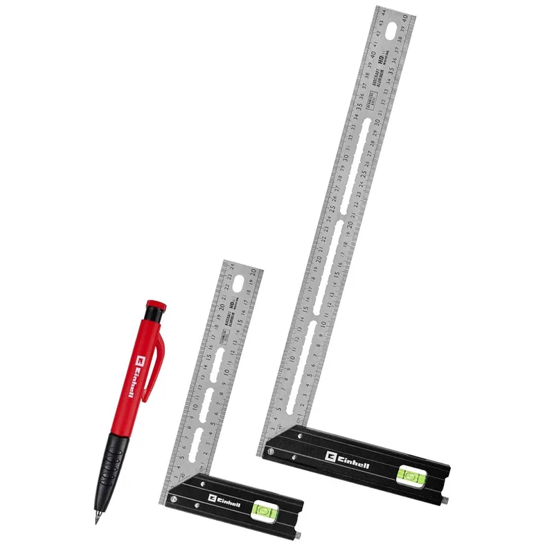 winkelhaakset, 2-delig (200 / 400 mm, hoeken van 90°/45°, mm/inch-schalen, 10 mm markeergaten, waterpas, markeerliniaal, markeernaald, aluminium profiel, vulpotlood) de Einhell – image du produit