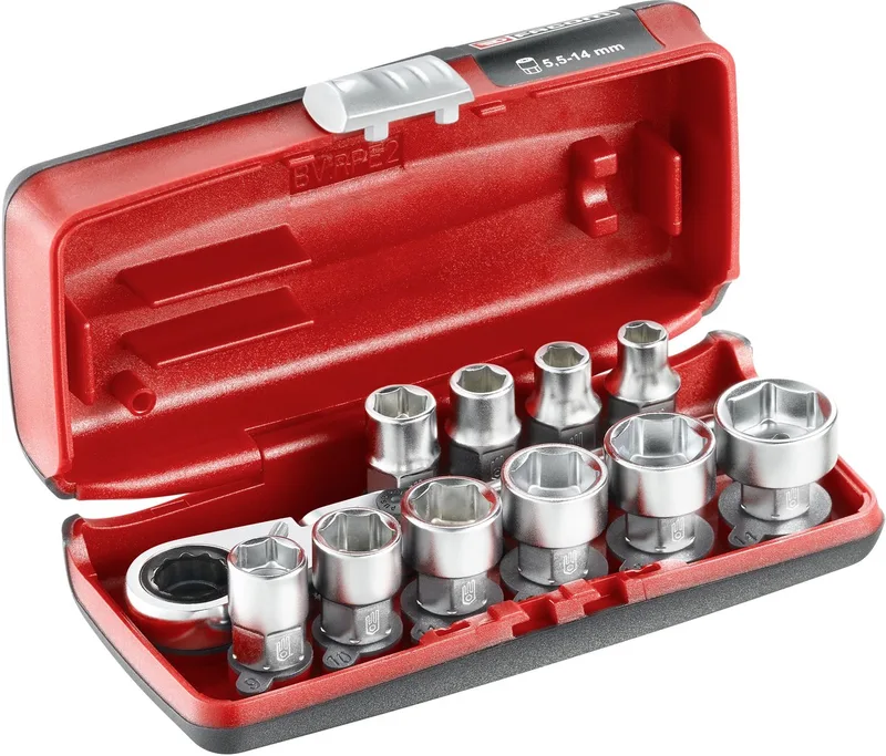 Doppenset 1/4 6-kant met Doorsteekratel R.180HX - RXPICOPB van Facom, Rood – productafbeelding