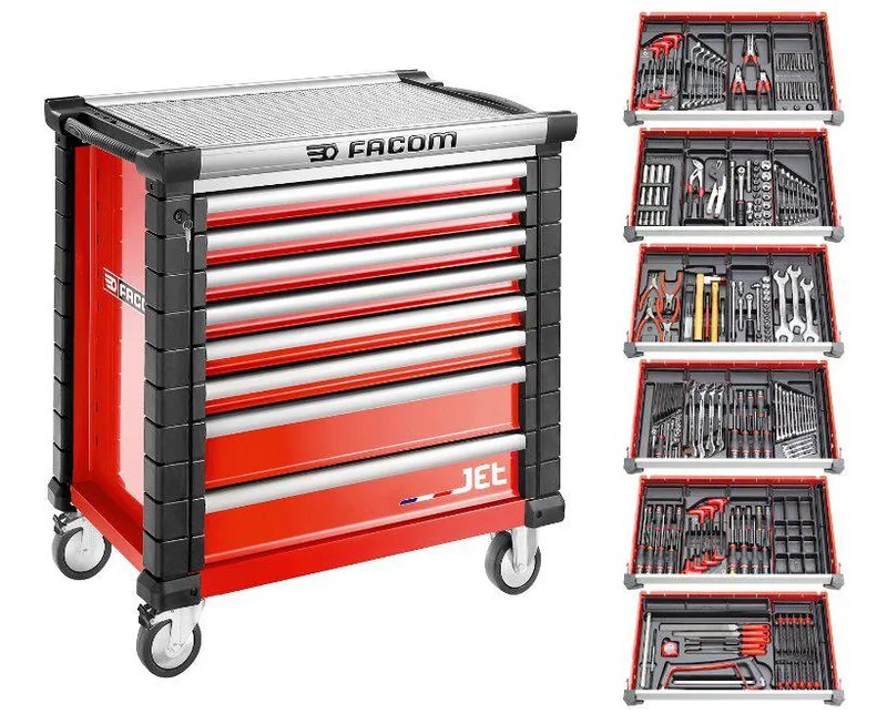 Gereedschapswagen 9 laden, met 8 gevulde laden - Rood - JETCM215BNL van Facom – productafbeelding
