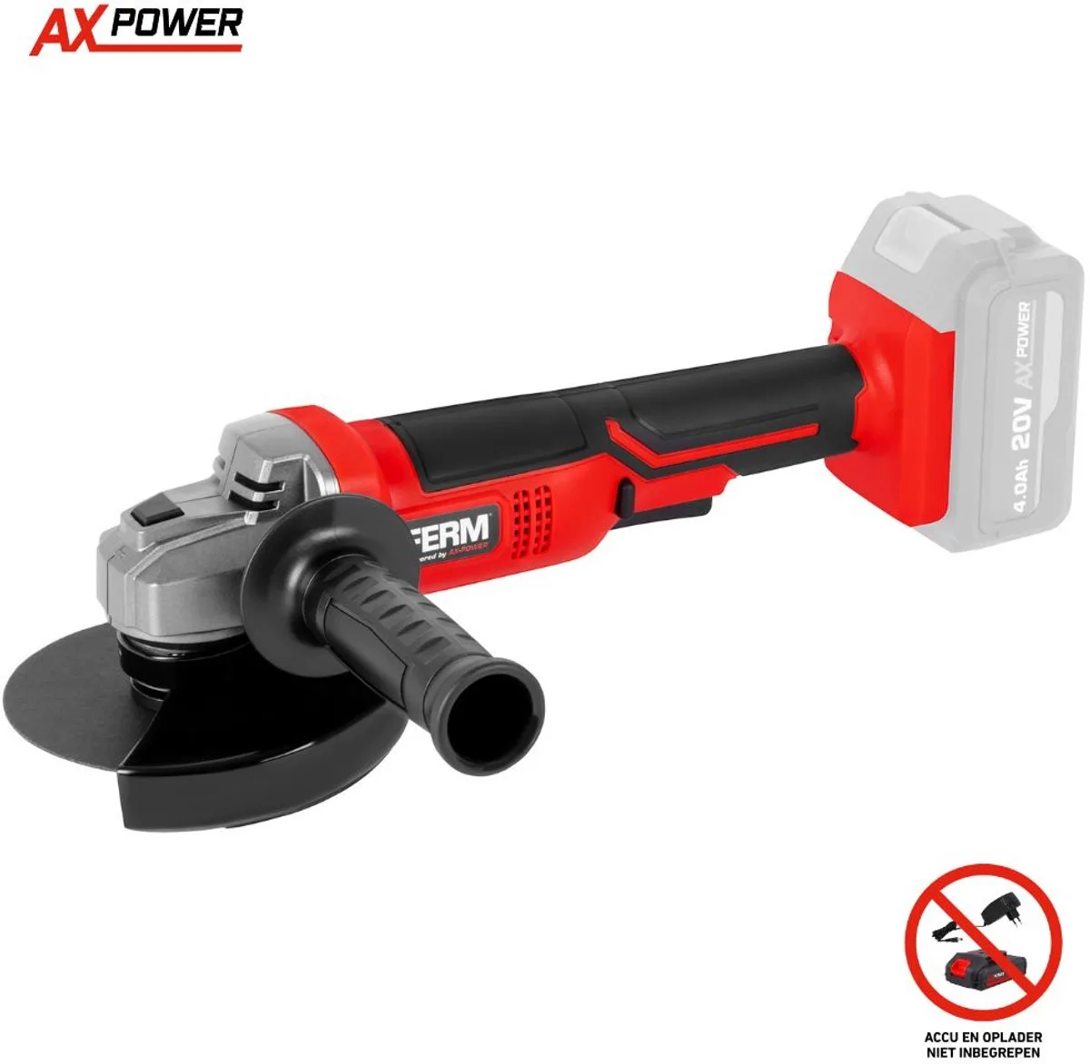 AX-POWER - AGM1126 - Accu - Haakse slijper - 125 mm - 20Volt - 8000t/min - Softgrip - Zijhandgreep op twee plaatsen - Verstelbare beschermkap - Veiligheidsschakelaar - Zonder accu en zonder lader - Geschikt voor AX en FX accu platform de Ferm – image du produit