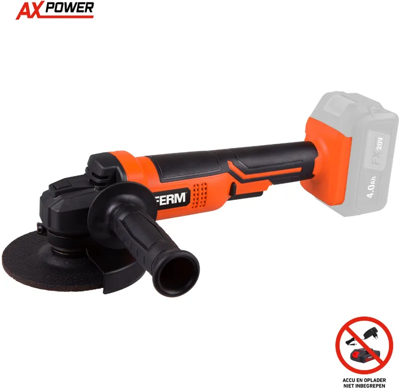 AX-POWER - AGM1131 - Accu - Haakse slijper - 125mm - 20Volt - Zijgreep - link en rechts te plaatsen - ZONDER Accu - ZONDER lader - Ook geschikt voor: - FX-Power - en - FX-Orange - Draadloze haakse slijper by Ferm – product image