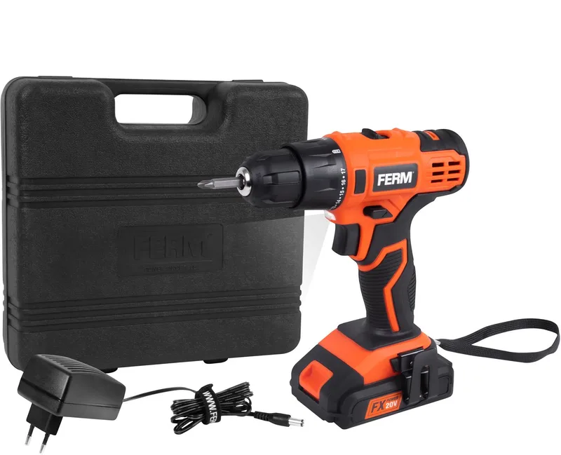 AX-POWER - CDM1164 - Accuboormachine - 20V - met - 2.0Ah accu - en - Lader - In koffer -Led licht - 17 slipkoppelingen - 2 snelheden - Koppel 36Nm - Snelspankop - 0,8-10mm - Softgrip - Polsband - Broekclip - Dubbele bit - Links Rechts draaiend von Ferm – Produktbild