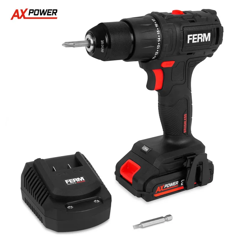 AX-POWER - CDM1167 - Koolborstelloze - Accuboormachine - 20V - Koppel: - 50Nm - met - 2.0Ah accu - en - lader - in koffer - LED - 2 snelheden - Schroeven: - 0-450/min - Boren: - 0-1600/min - Metalen boorkop - 0.8-10mm -Boormachine - Brushless von Ferm – Produktbild