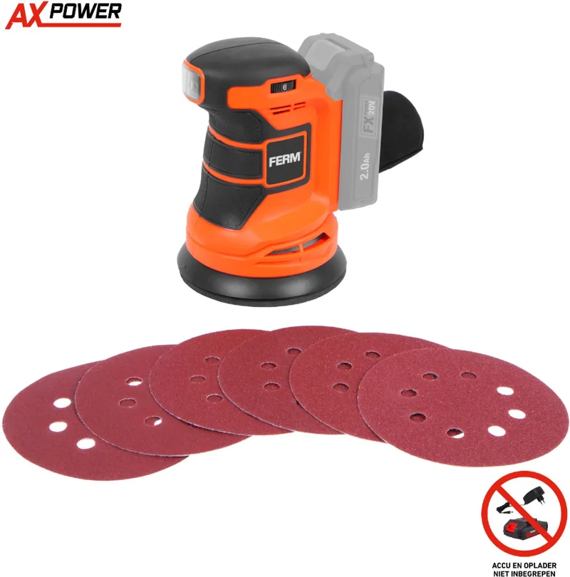 AX-POWER - ESM1014 - Accu - Schuurmachine - Roterend - 20V - 125mm - Instelbare snelheid - 5000-10000/min - Stofafzuiging - Zonder accu en lader - Met - Stofzak - 6 schuurvellen -Excentrische - schuurmachine- Handpalm - Draadloze schuurmachine van Ferm – productafbeelding