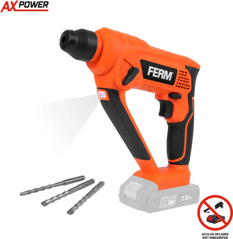 AX-POWER - HDM1052 - Accuboorhamer - 20V - SDS - LED - Inclusief - 3 SDS-boortjes - Voor AX-platform - Zonder accu - Zonder lader - Beton - Steen - Hout - Staal - Draadloze boorhamer - Past ook op - FX-Power - accu's - Wireless Rotary Hammer van Ferm – productafbeelding