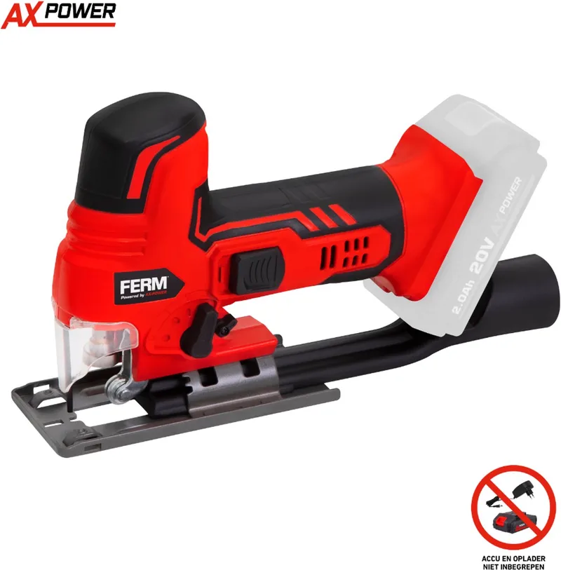 AX-POWER - JSM1037 - Accu decoupeerzaag - 20V- Snoerloos - Barrelgrip - 4 pendel posities - Variabele snelheid - Stofblaas functie - Stofzuiger aansluiting - Snelwisselsysteem - Verstelbare voet - Guard - Softgrip - Zijgeleider - 2 zaagjes van Ferm – productafbeelding