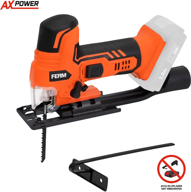 AX-POWER - JSM1040 - Draadloze - decoupeerzaag - 20V - 4 Pendelstanden - Variabele snelheid - 1000-2300/min - Stofblaasfunctie - Stofafzuiging - Verstekhoek - 0-45° - Met - Zijgeleider - Zaagblad - Zonder accu en lader - voor AX en FX accu's by Ferm – product image
