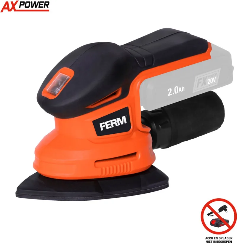 AX-POWER - PSM1033 - Draadloze - Schuurmachine - 20V - Schuurzool - 150x150x100mm - 10000/min - Zonder accu en lader - met - Stofzak - 6 schuurvellen - Ook geschikt voor - FX-POWER - Accu schuurmachine - Handpalmschuurmachine - Delta schuurder van Ferm – productafbeelding