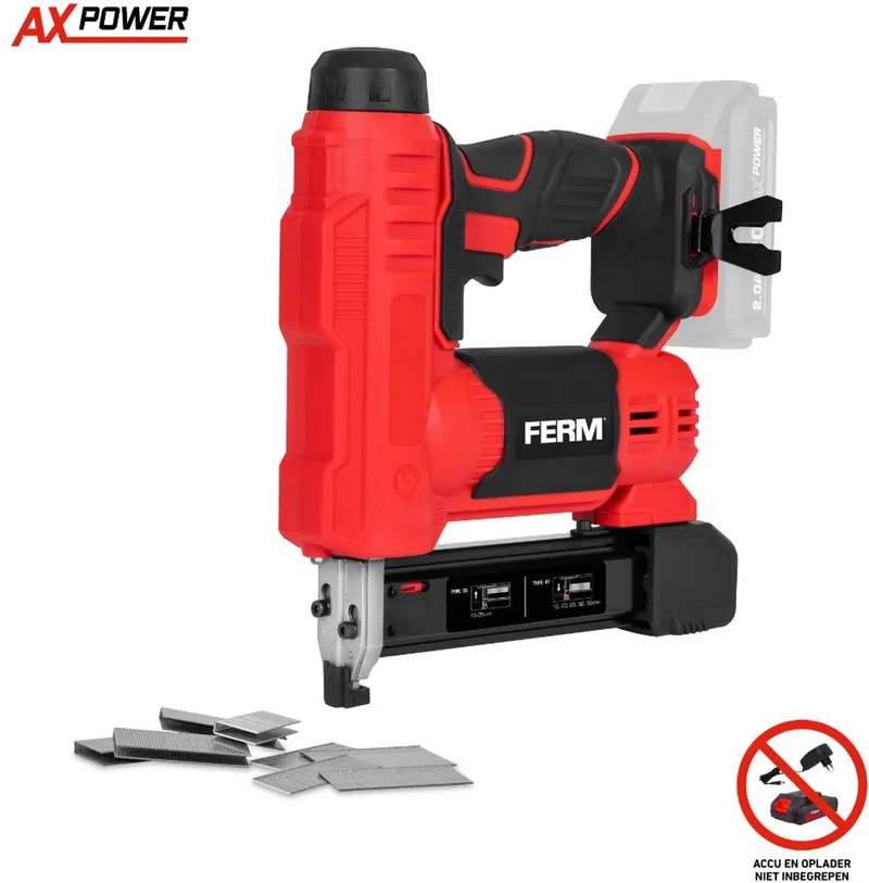 AX-POWER - SGM1024 - Accu - Tacker - Nietpistool - Spijkerpistool - 20V - Capaciteit: - 30 st/min - Magazijn: - 100 stuks - voor: -Spijkers - en - Nieten - LED werklicht - Softgrip - Zonder accu en lader - Wireless - Staple gun and nail gun. by Ferm – product image