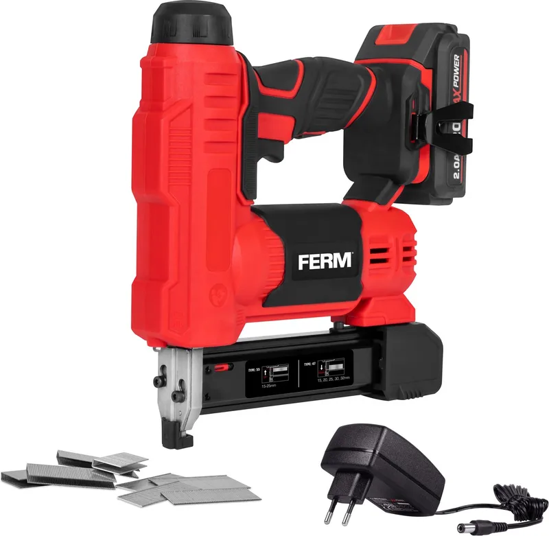AX-POWER - SGM1024 - Spijker en nietpistool - set - op - 20 Volt - accu - met - lader - en - 2Ah accu - en met - nieten en spijkers -Spijkertacker - Niettentacker - Tacker - Accutacker von Ferm – Produktbild