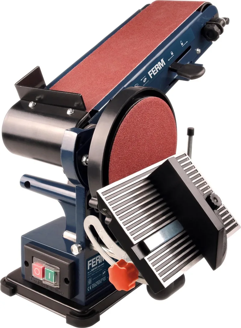 BGM1022 - Tafel - Schijf - bandschuurmachine - 350W - 2 meter kabel - Band verstelbaar - 0° - 90° - Instelbare - werktafel - met - verstekgeleider - bij - schuurschijf - met klittenband - 0° - 45° - Inclusief - 2 banden + schijven - K80 - K120 van Ferm – productafbeelding
