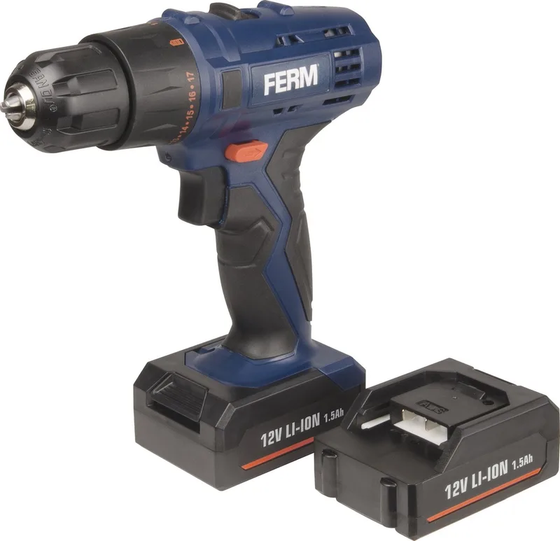 CDM1119 - Accuschroefboormachine - 12V - 1.5Ah - Li-Ion - 2 accu's - in - koffer - 20Nm koppel - 17 slipkoppelingen - Snelspankop - 10mm - LED werklicht - 2 Snelheden - Snellader - 2 dubbelzijdige bitjes - Schroeftol - Accutol - Boormachine de Ferm – image du produit