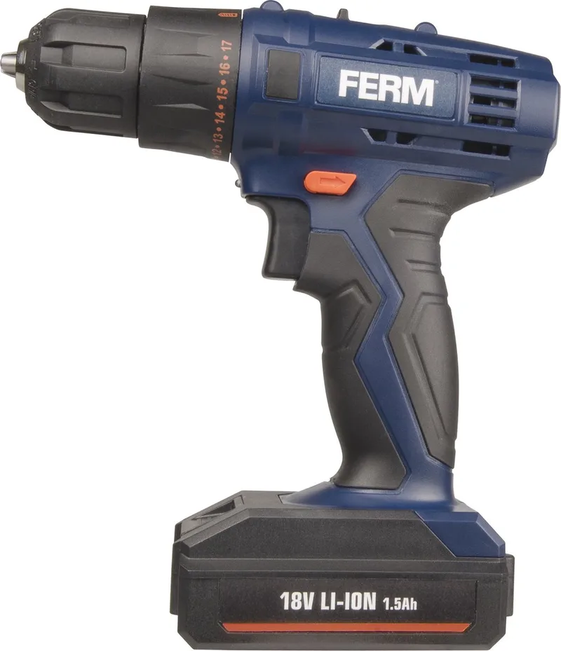 CDM1120 - Accuschroefboormachine - 18V - 1.5Ah - Li-Ion - 32Nm koppel - 17 slipkoppelingen - Snelspankop - 13mm - LED werklicht - 2 Snelheden - 2 Accu's - Snellader - Opbergkoffer - 2 dubbelzijdig bitjes - Accutol - Schroeftol - Boormachine von Ferm – Produktbild