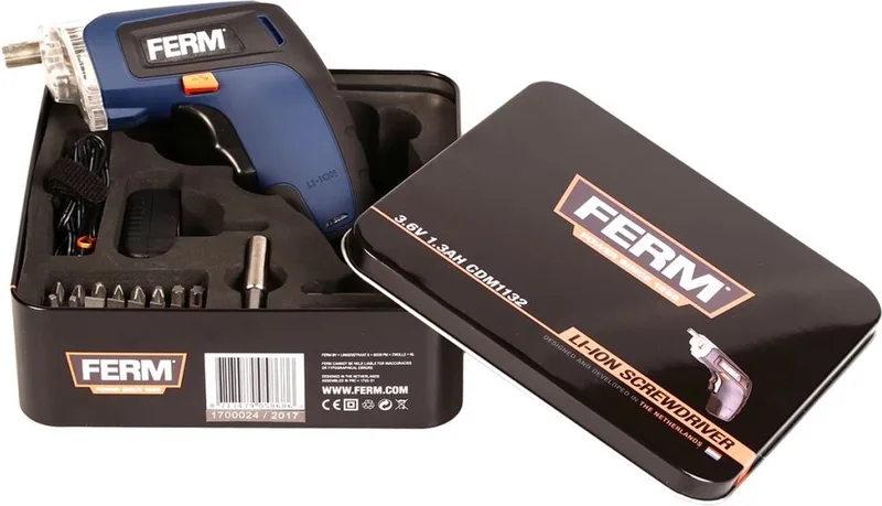 CDM1132 - Accu schroefmachine - Schroevendraaier - 3.6V - 1.3Ah - Li-Ion - LED - werkverlichting - Compact - Soft grip - Met - Magnetische bithouder - 26 bitjes - Verlengstuk - Oplader - Comfortabel - Micro USB lader - in - Opbergblik van Ferm – productafbeelding