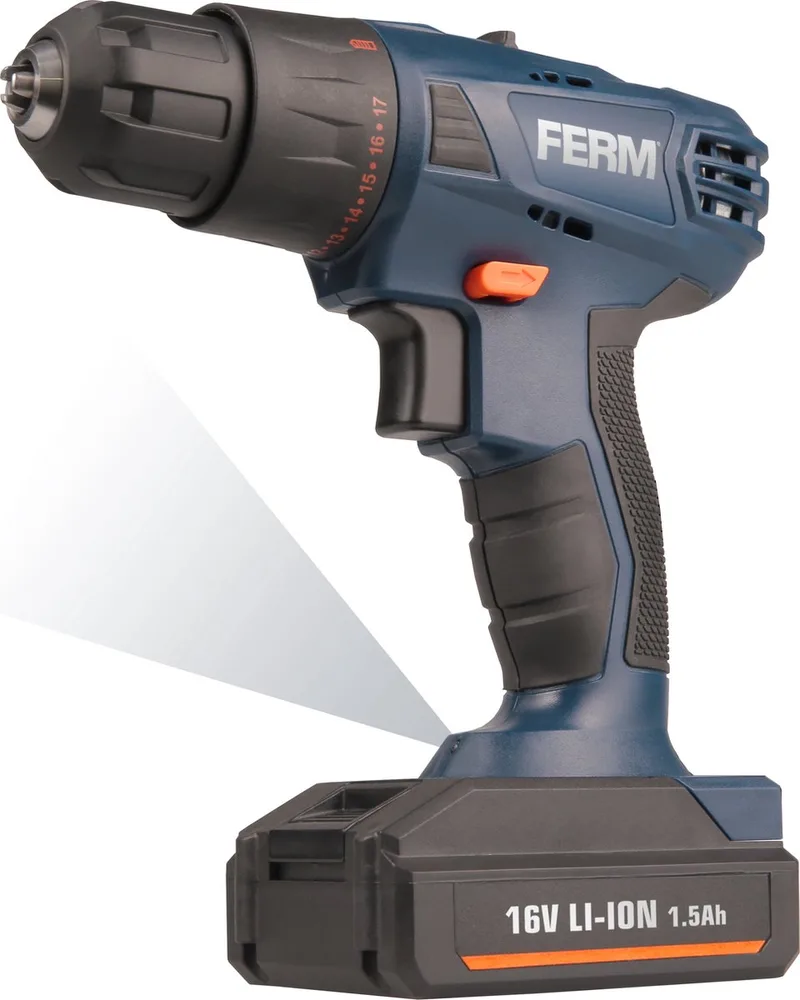 CDM1134 - Accuschroefboormachine - 16V - 1.5Ah - Li-Ion - 23Nm koppel - 17 Slipkoppelingen - Snelspankop - 10mm - LED werklamp - 2 Snelheden - Variabele snelheidsregeling - Soft grip - Opbergkoffer - Inclusief - Snellader - Schroefbit van Ferm – productafbeelding