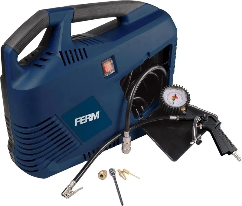 CRM1049 - Draagbare - compressor - 1100W - 8 bar - 180l/min - Olie vrij - 3 meter - rubber - luchtslang - Met - Universele - snelkoppeling - 5 meter - stroomkabel - Met - Bandenvuller - Blaastuit - Balnaald - Ventiel adapter - Tapse adapter von Ferm, Blau – Produktbild