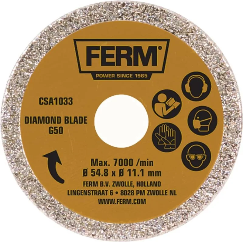 CSA1033 - Diamant - zaagblad - Diameter: - 54,8mm - Asgat: - 11,1mm - G50 - Precisie zaagblad - Voor zagen van - Keramiek - Zoals - Wand - Vloer - Tegels - Universeel - Zeer geschikt voor - CSM1038 - Precisie-cirkelzaag - Zaag diepte 12mm van Ferm – productafbeelding