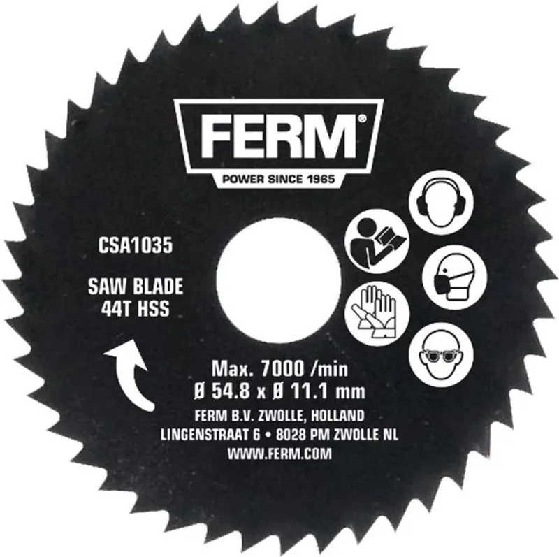CSA1035 - Precisie - zaagblad - 44HSS - Diameter: - 54,8mm - Asgat: - 11,1mm - Voor zagen van - Hout - Laminaat - MDF - Spaanplaat - Universeel - Zeer geschikt voor - CSM1035 - CSM1038 - Precisie-cirkelzaag - Zaagdiepte: - 12mm de Ferm – image du produit