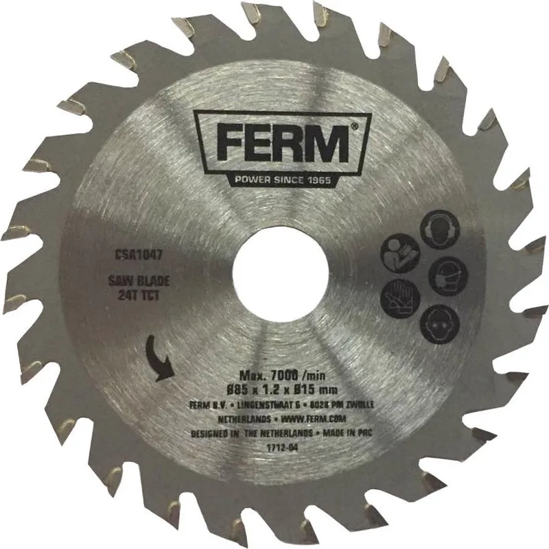 CSA1047 - Precisie - cirkelzaagblad - 24 tanden - TCT - 1.3mm - Diameter: - 85mm - Asgat: - 15mm - Universeel - Voor zagen van - hout - plastic - Zeer geschikt voor - Mini cirkelzaag - CSM1043 - Precisie-cirkelzaagblad - Mini-cirkelzaagblad van Ferm – productafbeelding