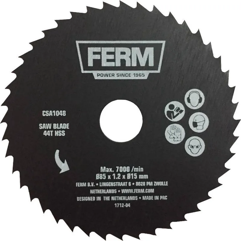 CSA1048 - Precisie - cirkelzaagblad - 44 tanden - HSS - Diameter: - 85mm - Asgat: - 15mm - Universeel - Voor zagen van - PVC - Aluminium - Koper - Zeer geschikt voor - Mini cirkelzaag - CSM1043 - Precisie-cirkelzaagblad - Mini-cirkelzaagblad van Ferm – productafbeelding