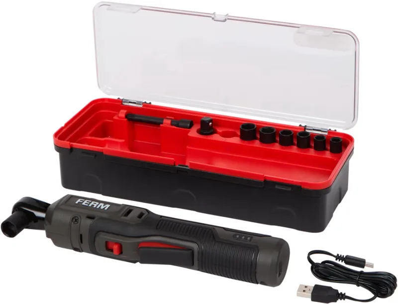 draadloze Ratelsleutelset - Inclusief 9-delige doppenset, adapter, verlengstuk, laadkabel en opbergkoffer de Ferm, Gris – image du produit