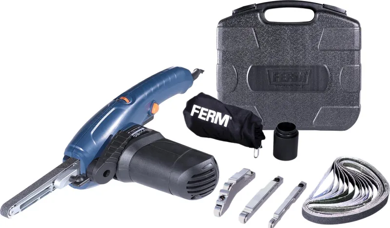 EFM1001 - Precisie Bandschuurmachine - 400W - Variabele - bandsnelheid: - 1070-1650m/min - Snel wissel systeem - 3m kabel - Met - 3 schuurarmen - 8mm - 13mm - Boog - 12 schuurbanden - Stofopvangzak - Stofzuigeradapter - Robuuste opbergkoffer van Ferm – productafbeelding