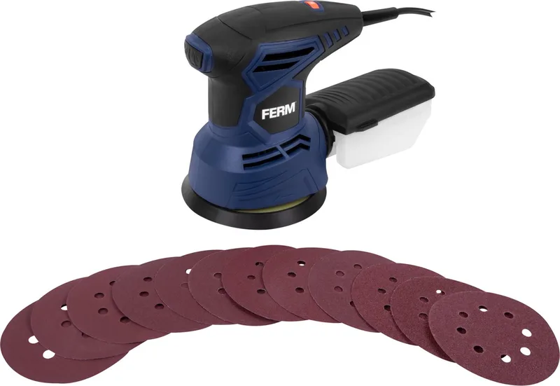 ESM1015 - Excentrische schuurmachine - 125mm - 300W - Variabel toerental - 6.000-13.000/min - 3 meter kabel - Stofopvangbak - Softgrip - Klittenband zool - Met - 9 stuks - schuurpapier - Licht gewicht - Rondschuurmachine - Handpalm de Ferm – image du produit