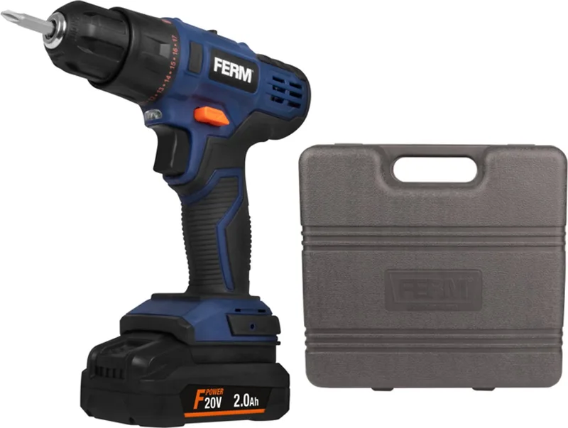 F-POWER - CDM1158 - Li-Ion Accuboormachine - 20V - 2,0Ah - met accu en lader - in koffer - LED werklicht - 26Nm - 2 snelheden - 17+1 slipkoppelingen - Snelspankop - 10mm - 1300/min - Softgrip - Starter set - voor accu platvorm - F power range de Ferm – image du produit